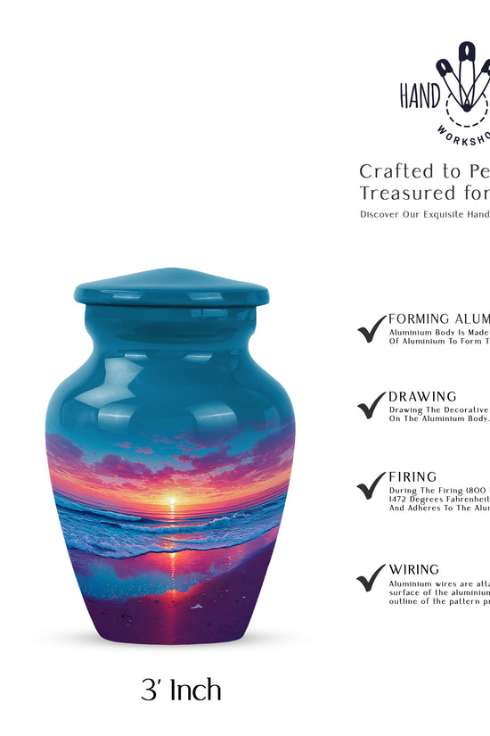 Serene Blue Beach Cremation Urn close-up of engraving and surface detail - traditional beach engraving with hand-polished finish - mini keepsake memorial for portion of cremation ashes