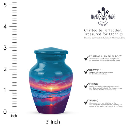 Serene Blue Beach Cremation Urn close-up of engraving and surface detail - traditional beach engraving with hand-polished finish - mini keepsake memorial for portion of cremation ashes