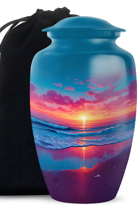Cobalt Blue Beach Cremation Urn angled view of lid and engraved motif - traditional beach engraving with hand-polished finish - full-size 10 inch 200 cubic inch adult cremation urn