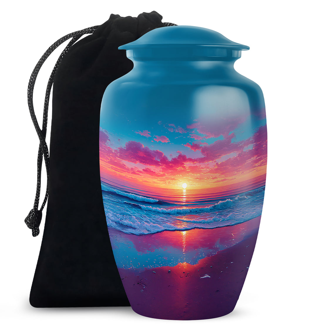 Cobalt Blue Beach Cremation Urn angled view of lid and engraved motif - traditional beach engraving with hand-polished finish - full-size 10 inch 200 cubic inch adult cremation urn