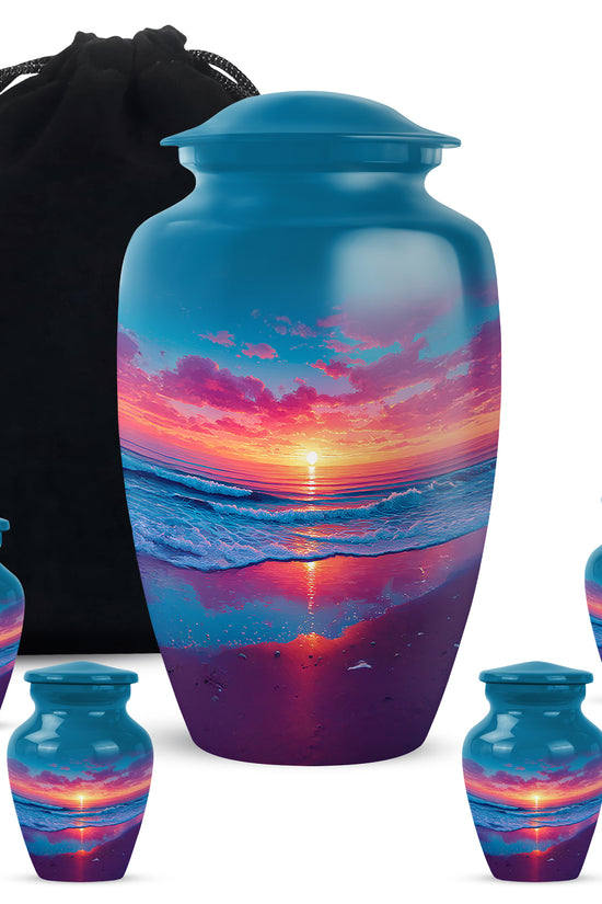 Royal Blue Beach Cremation Urn top-down view of secure threaded lid - traditional beach engraving with hand-polished finish - memorial set with one large and four small urns