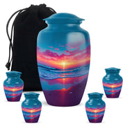 Royal Blue Beach Cremation Urn top-down view of secure threaded lid - traditional beach engraving with hand-polished finish - memorial set with one large and four small urns