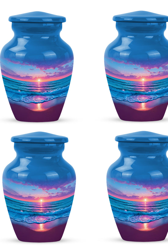 Serene Blue Beach Cremation Urn side profile showing urn shape - elegant classic beach relief with fine detailing - 10 inch aluminum urn for cremated remains