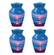 Serene Blue Beach Cremation Urn side profile showing urn shape - elegant classic beach relief with fine detailing - 10 inch aluminum urn for cremated remains