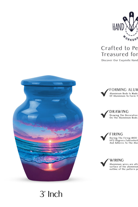 Sky Blue Beach Cremation Urn close-up of engraving and surface detail - timeless beach motif etched into premium metal - mini keepsake memorial for portion of cremation ashes