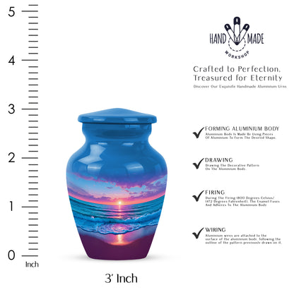 Sky Blue Beach Cremation Urn close-up of engraving and surface detail - timeless beach motif etched into premium metal - mini keepsake memorial for portion of cremation ashes