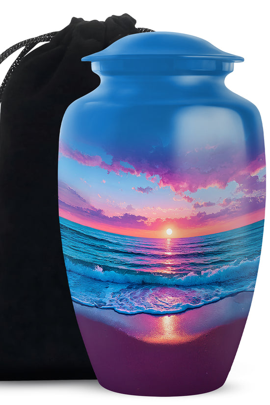 Steel Blue Beach Cremation Urn angled view of lid and engraved motif - elegant classic beach relief with fine detailing - full-size 10 inch 200 cubic inch adult cremation urn