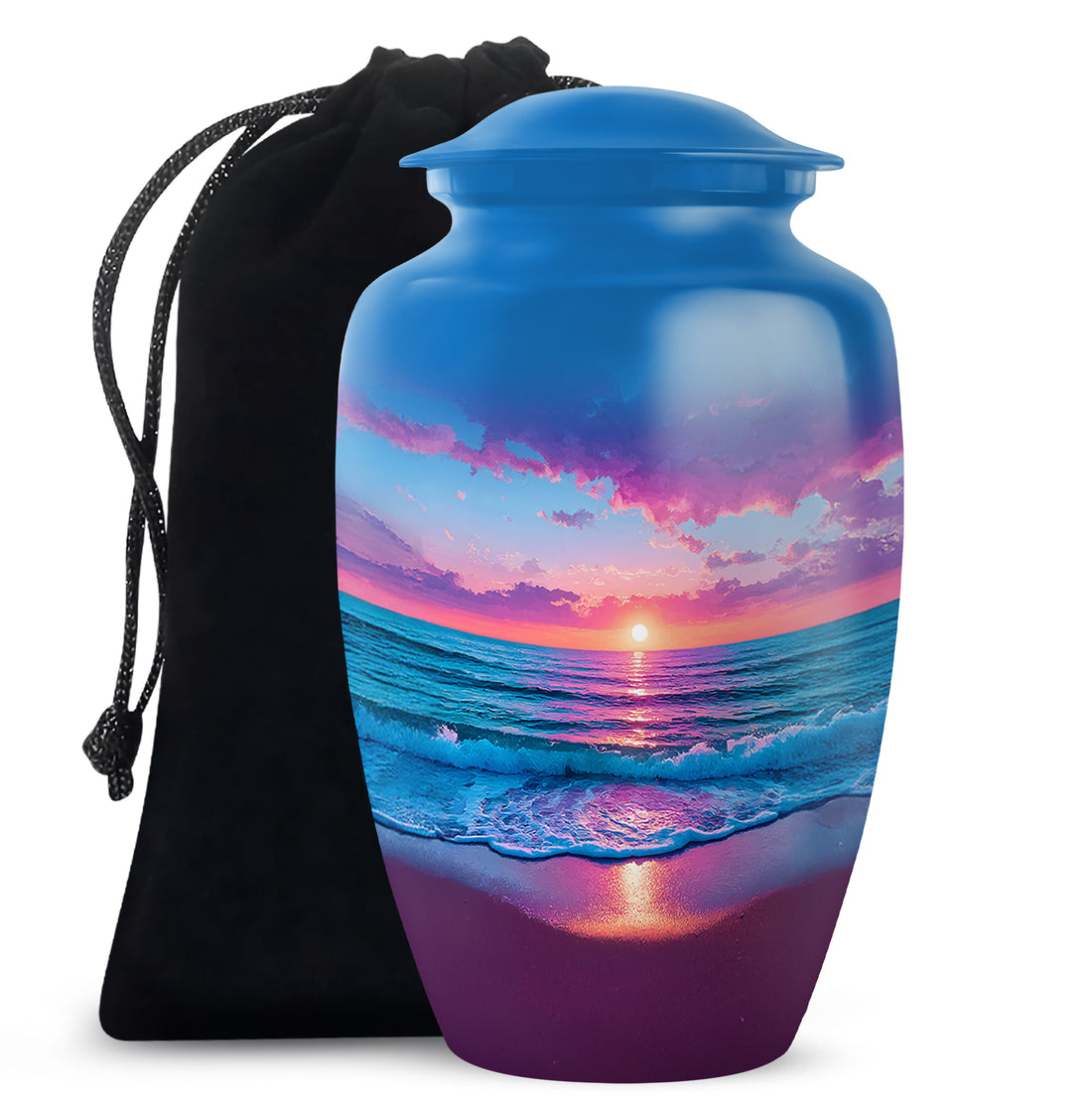 Steel Blue Beach Cremation Urn angled view of lid and engraved motif - elegant classic beach relief with fine detailing - full-size 10 inch 200 cubic inch adult cremation urn