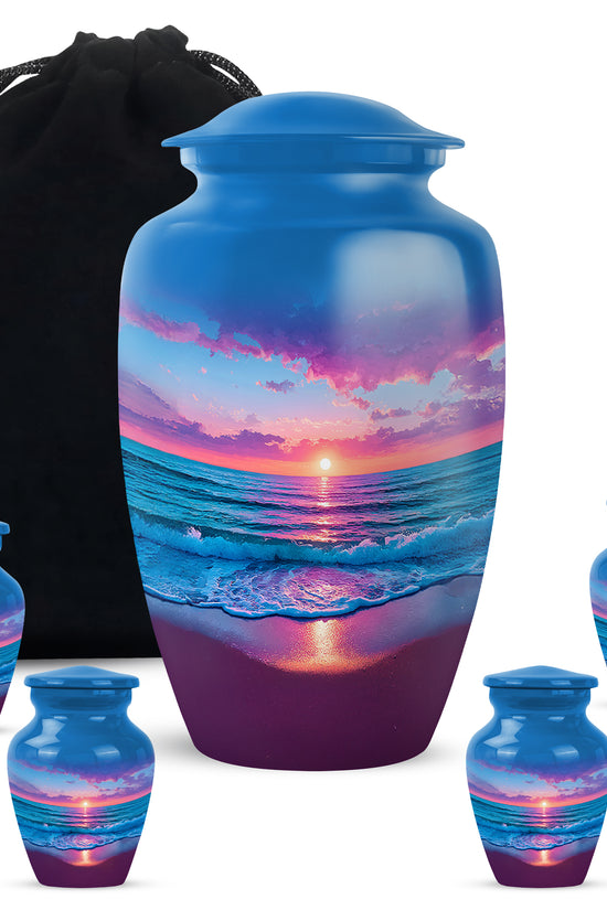 Twilight Blue Beach Cremation Urn top-down view of secure threaded lid - traditional beach engraving with hand-polished finish - memorial set with one large and four small urns
