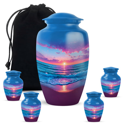 Twilight Blue Beach Cremation Urn top-down view of secure threaded lid - traditional beach engraving with hand-polished finish - memorial set with one large and four small urns