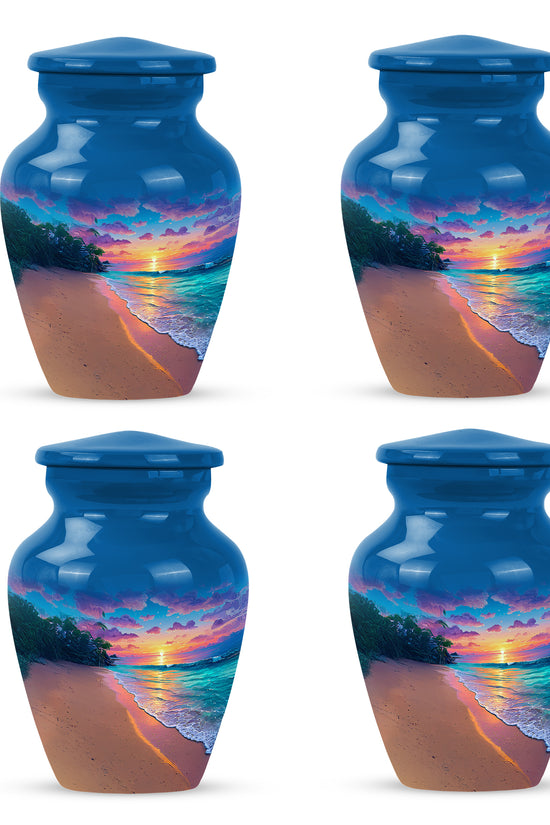 Sky Blue Beach Cremation Urn side profile showing urn shape - timeless beach motif etched into premium metal - 10 inch aluminum urn for cremated remains