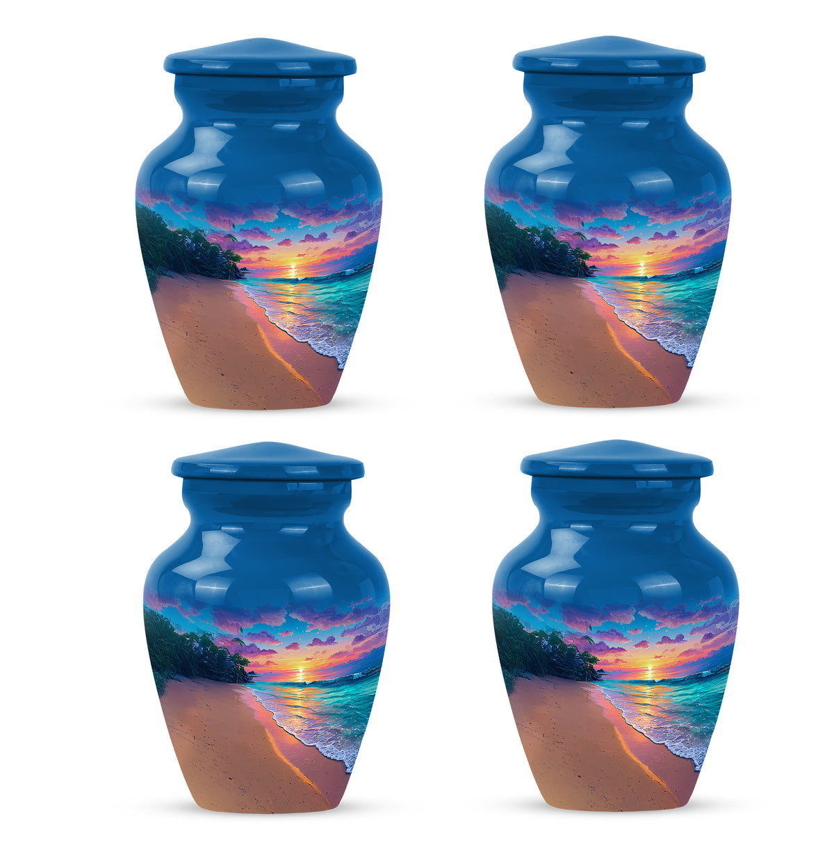 Sky Blue Beach Cremation Urn side profile showing urn shape - timeless beach motif etched into premium metal - 10 inch aluminum urn for cremated remains