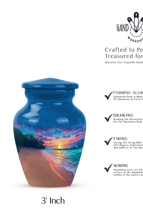 Celestial Blue Beach Cremation Urn close-up of engraving and surface detail - classic sculpted beach pattern on smooth aluminum - mini keepsake memorial for portion of cremation ashes