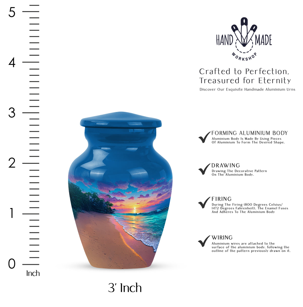 Celestial Blue Beach Cremation Urn close-up of engraving and surface detail - classic sculpted beach pattern on smooth aluminum - mini keepsake memorial for portion of cremation ashes
