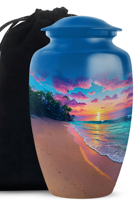 Twilight Blue Beach Cremation Urn angled view of lid and engraved motif - traditional beach engraving with hand-polished finish - full-size 10 inch 200 cubic inch adult cremation urn