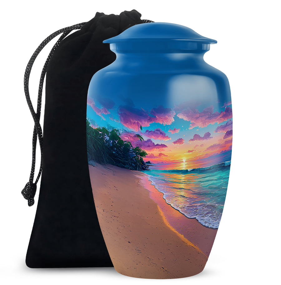 Twilight Blue Beach Cremation Urn angled view of lid and engraved motif - traditional beach engraving with hand-polished finish - full-size 10 inch 200 cubic inch adult cremation urn