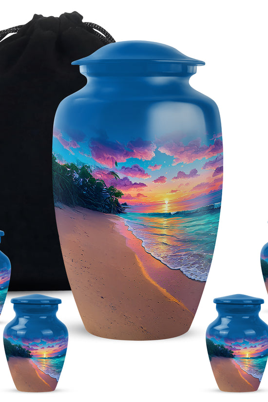 Sky Blue Beach Cremation Urn top-down view of secure threaded lid - classic sculpted beach pattern on smooth aluminum - memorial set with one large and four small urns