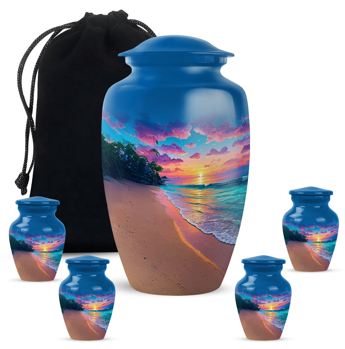 Sky Blue Beach Cremation Urn top-down view of secure threaded lid - classic sculpted beach pattern on smooth aluminum - memorial set with one large and four small urns