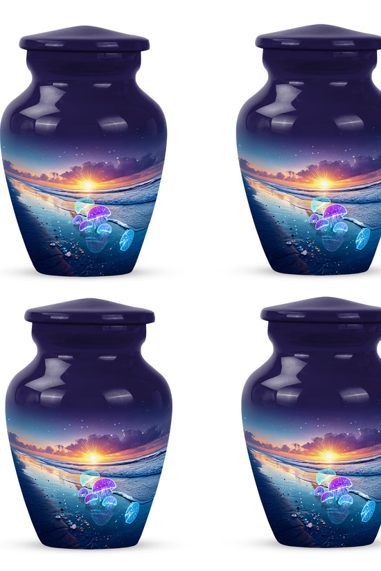 Sapphire Blue Beach Cremation Urn side profile showing urn shape - traditional beach engraving with hand-polished finish - 10 inch aluminum urn for cremated remains