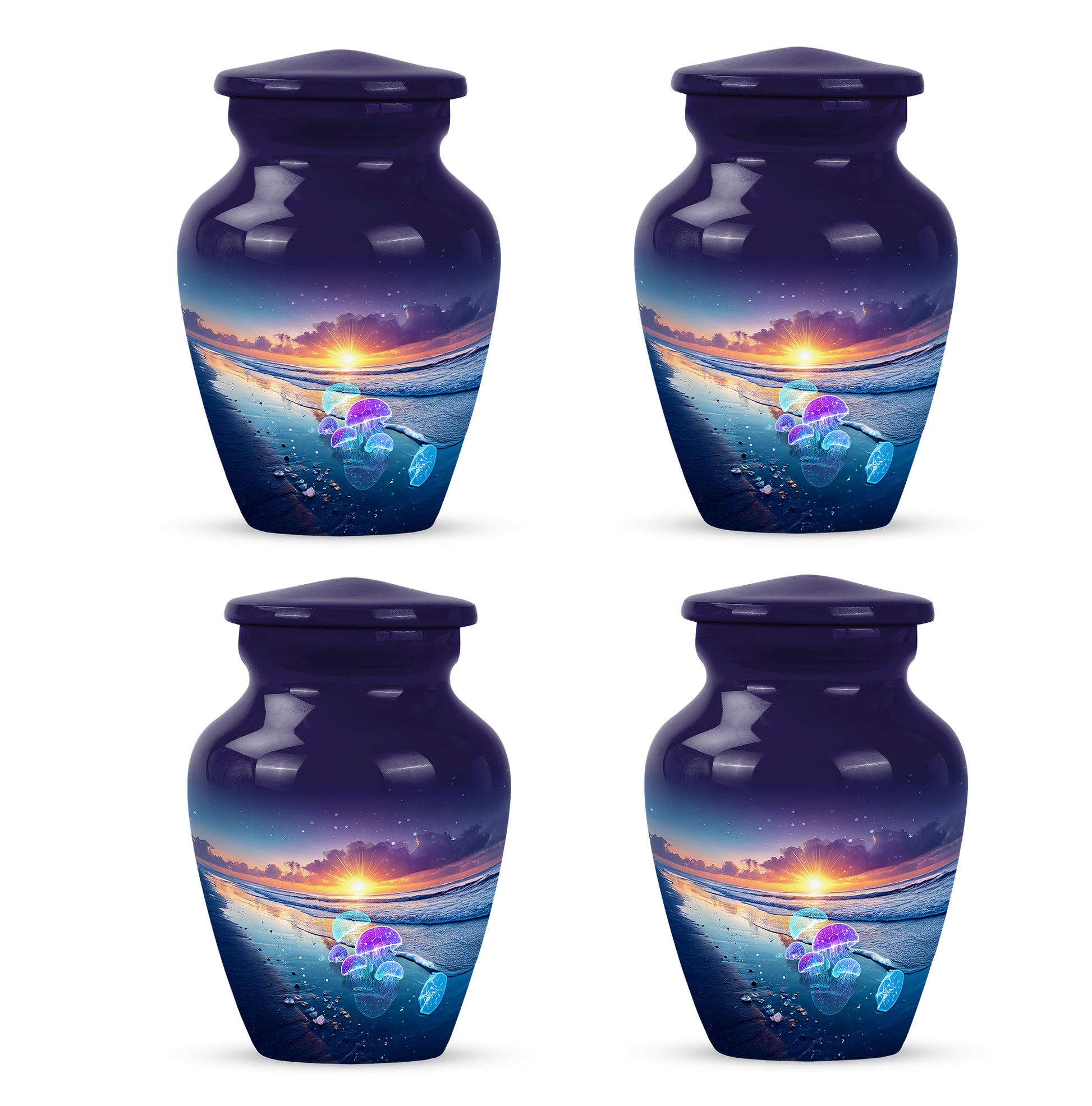 Sapphire Blue Beach Cremation Urn side profile showing urn shape - traditional beach engraving with hand-polished finish - 10 inch aluminum urn for cremated remains