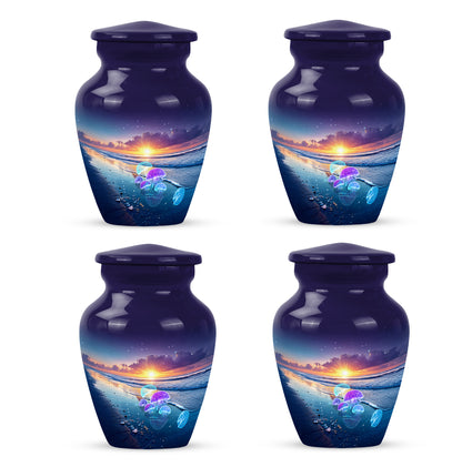 Sapphire Blue Beach Cremation Urn side profile showing urn shape - traditional beach engraving with hand-polished finish - 10 inch aluminum urn for cremated remains