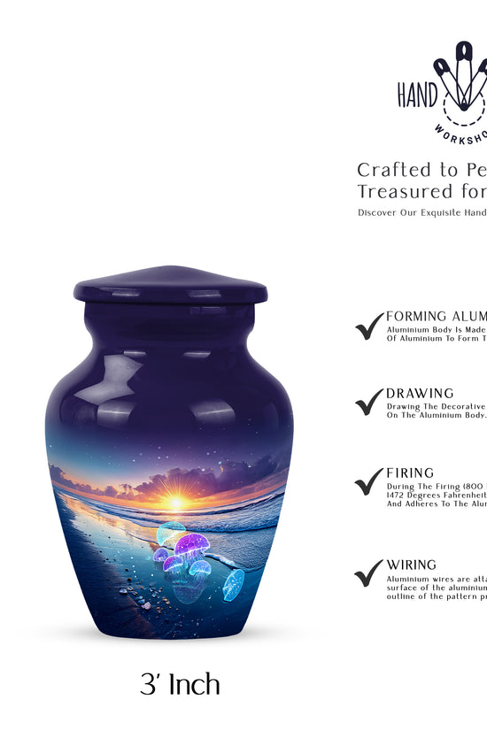Sapphire Blue Beach Cremation Urn close-up of engraving and surface detail - traditional beach engraving with hand-polished finish - mini keepsake memorial for portion of cremation ashes