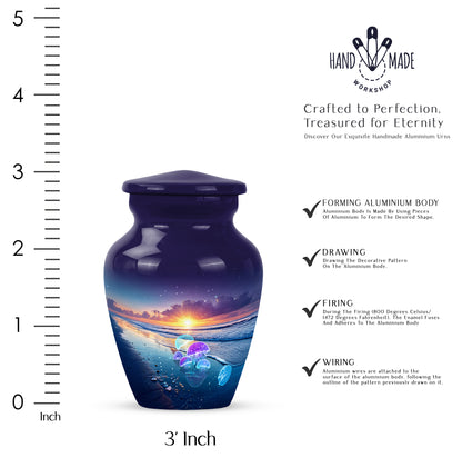 Sapphire Blue Beach Cremation Urn close-up of engraving and surface detail - traditional beach engraving with hand-polished finish - mini keepsake memorial for portion of cremation ashes