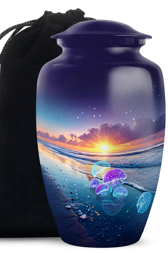 Calming Blue Beach Cremation Urn angled view of lid and engraved motif - elegant classic beach relief with fine detailing - full-size 10 inch 200 cubic inch adult cremation urn