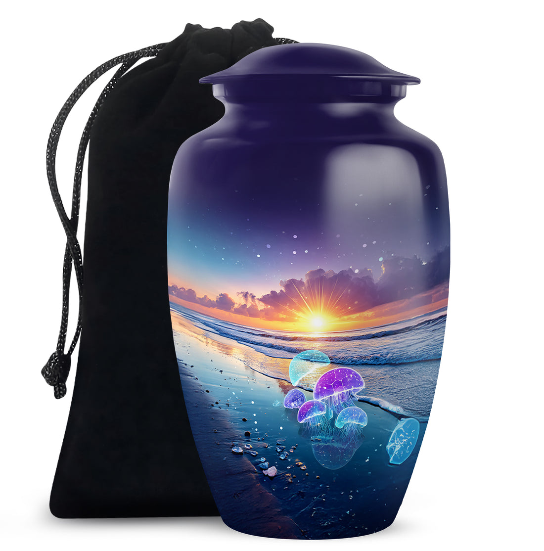 Calming Blue Beach Cremation Urn angled view of lid and engraved motif - elegant classic beach relief with fine detailing - full-size 10 inch 200 cubic inch adult cremation urn