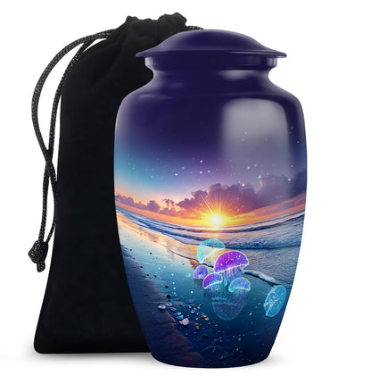 Calming Blue Beach Cremation Urn angled view of lid and engraved motif - elegant classic beach relief with fine detailing - full-size 10 inch 200 cubic inch adult cremation urn