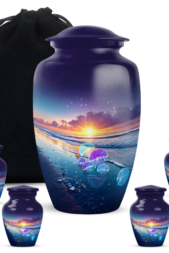 Icy Blue Beach Cremation Urn top-down view of secure threaded lid - classic sculpted beach pattern on smooth aluminum - memorial set with one large and four small urns