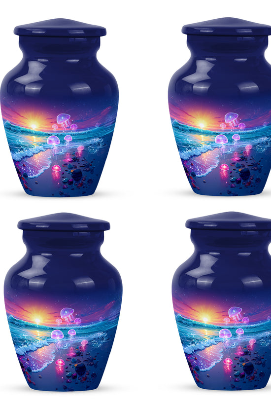 Sapphire Blue Beach Cremation Urn side profile showing urn shape - traditional beach engraving with hand-polished finish - 10 inch aluminum urn for cremated remains