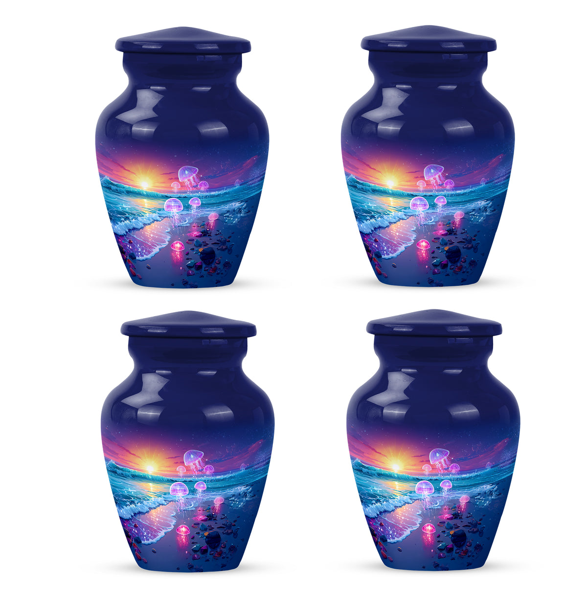 Sapphire Blue Beach Cremation Urn side profile showing urn shape - traditional beach engraving with hand-polished finish - 10 inch aluminum urn for cremated remains