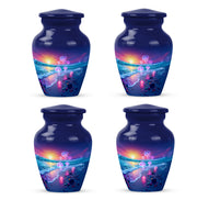 Sapphire Blue Beach Cremation Urn side profile showing urn shape - traditional beach engraving with hand-polished finish - 10 inch aluminum urn for cremated remains