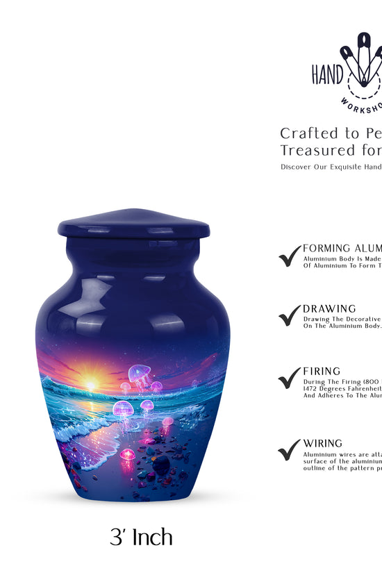 Steel Blue Beach Cremation Urn close-up of engraving and surface detail - elegant classic beach relief with fine detailing - mini keepsake memorial for portion of cremation ashes