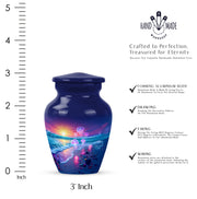 Steel Blue Beach Cremation Urn close-up of engraving and surface detail - elegant classic beach relief with fine detailing - mini keepsake memorial for portion of cremation ashes
