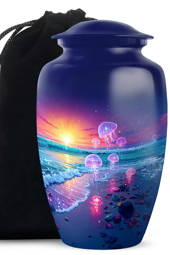 Serene Blue Beach Cremation Urn angled view of lid and engraved motif - elegant classic beach relief with fine detailing - full-size 10 inch 200 cubic inch adult cremation urn