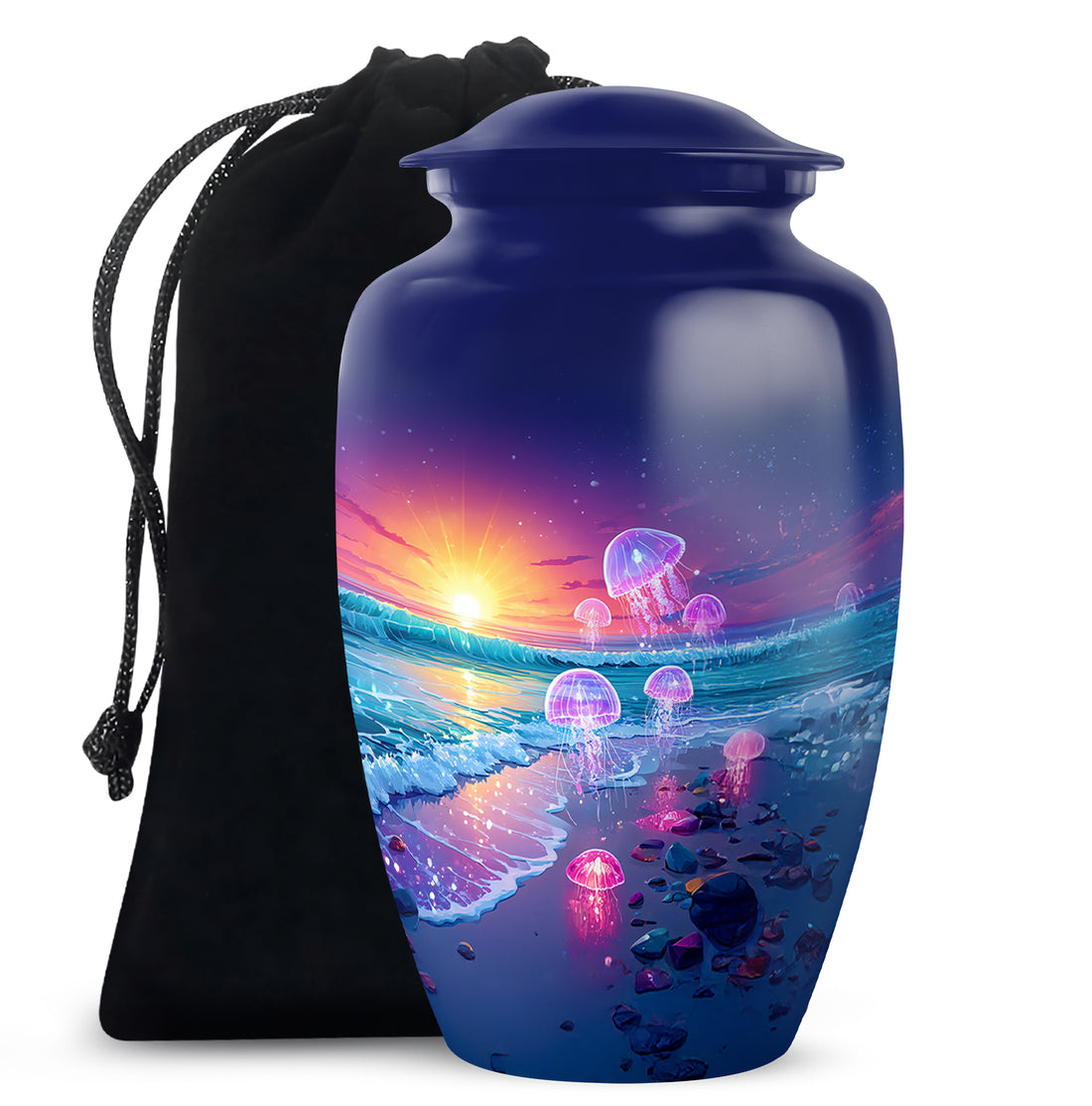 Serene Blue Beach Cremation Urn angled view of lid and engraved motif - elegant classic beach relief with fine detailing - full-size 10 inch 200 cubic inch adult cremation urn