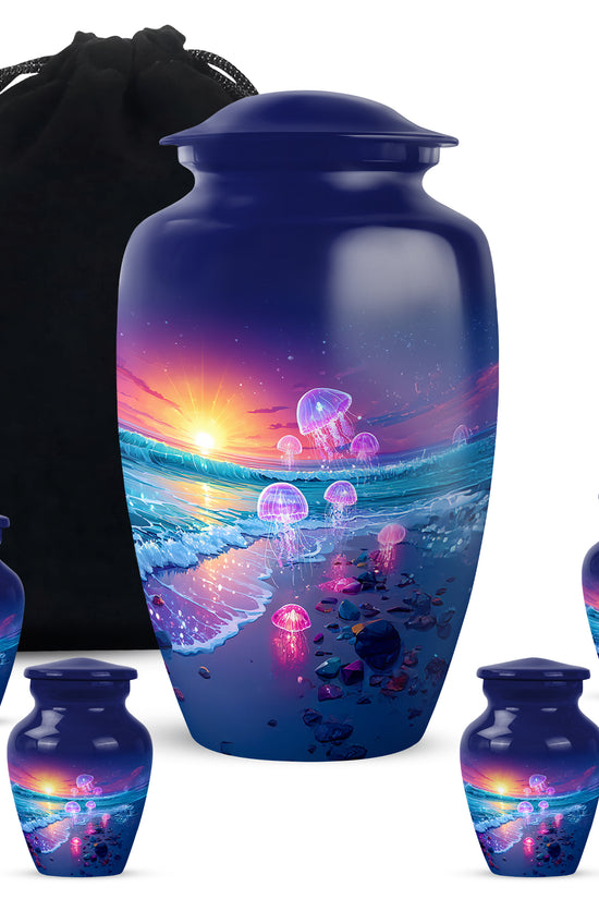 Twilight Blue Beach Cremation Urn top-down view of secure threaded lid - elegant classic beach relief with fine detailing - memorial set with one large and four small urns