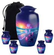 Twilight Blue Beach Cremation Urn top-down view of secure threaded lid - elegant classic beach relief with fine detailing - memorial set with one large and four small urns