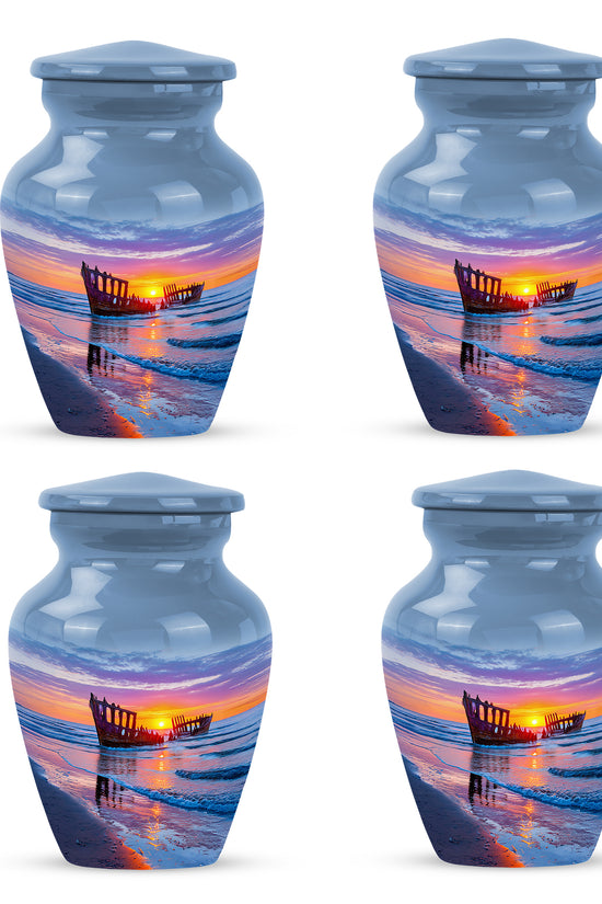 Icy Blue Beach Cremation Urn side profile showing urn shape - classic sculpted beach pattern on smooth aluminum - 10 inch aluminum urn for cremated remains