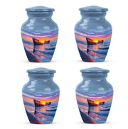 Icy Blue Beach Cremation Urn side profile showing urn shape - classic sculpted beach pattern on smooth aluminum - 10 inch aluminum urn for cremated remains