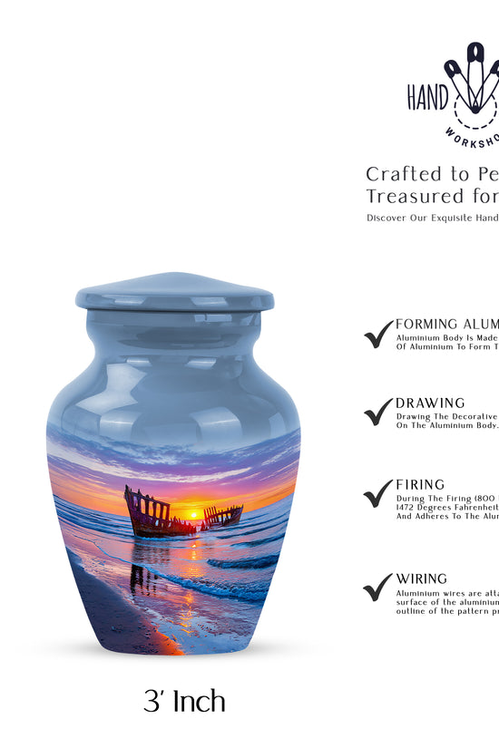 Dusty Blue Beach Cremation Urn close-up of engraving and surface detail - classic sculpted beach pattern on smooth aluminum - mini keepsake memorial for portion of cremation ashes