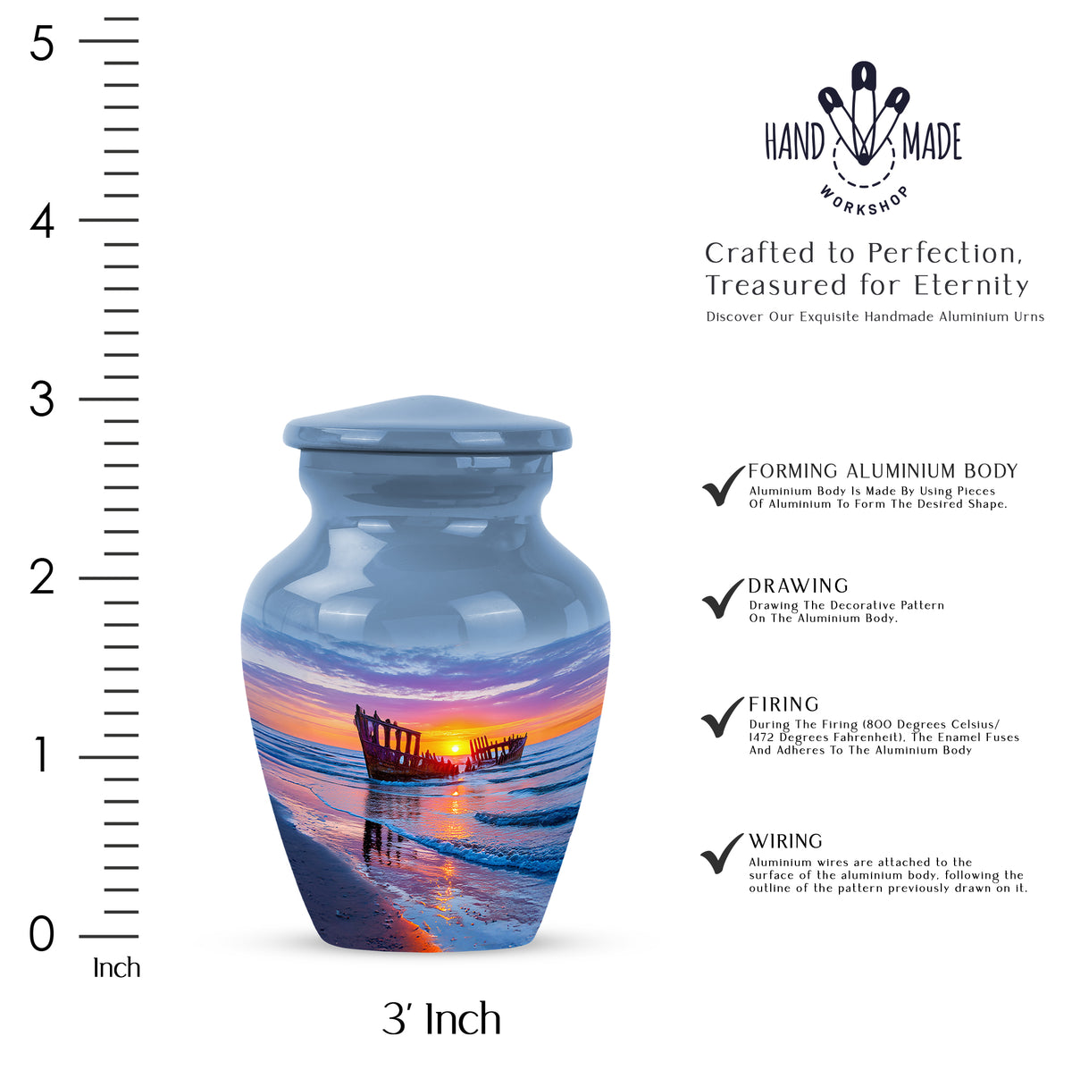 Dusty Blue Beach Cremation Urn close-up of engraving and surface detail - classic sculpted beach pattern on smooth aluminum - mini keepsake memorial for portion of cremation ashes