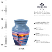 Dusty Blue Beach Cremation Urn close-up of engraving and surface detail - classic sculpted beach pattern on smooth aluminum - mini keepsake memorial for portion of cremation ashes