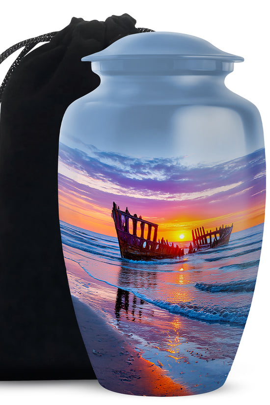 Cornflower Blue Beach Cremation Urn angled view of lid and engraved motif - elegant classic beach relief with fine detailing - full-size 10 inch 200 cubic inch adult cremation urn