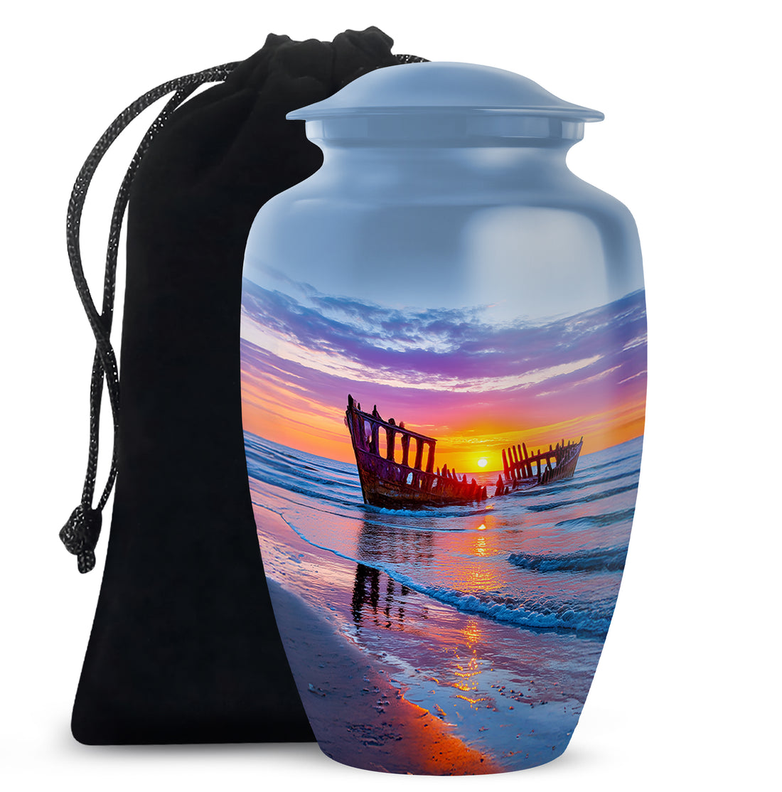 Cornflower Blue Beach Cremation Urn angled view of lid and engraved motif - elegant classic beach relief with fine detailing - full-size 10 inch 200 cubic inch adult cremation urn