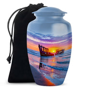 Cornflower Blue Beach Cremation Urn angled view of lid and engraved motif - elegant classic beach relief with fine detailing - full-size 10 inch 200 cubic inch adult cremation urn