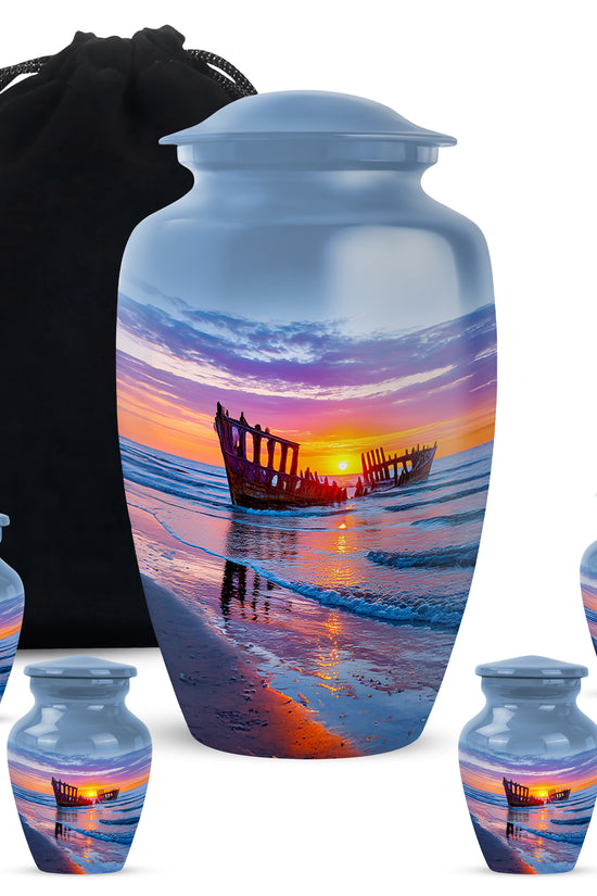 Navy Blue Beach Cremation Urn top-down view of secure threaded lid - classic sculpted beach pattern on smooth aluminum - memorial set with one large and four small urns