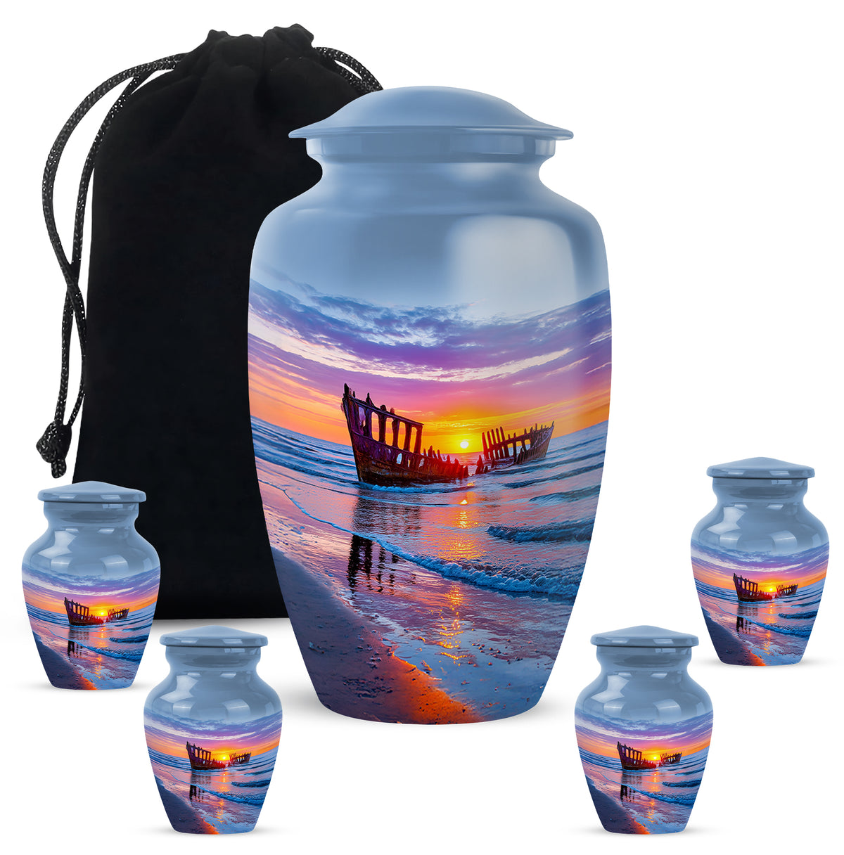 Navy Blue Beach Cremation Urn top-down view of secure threaded lid - classic sculpted beach pattern on smooth aluminum - memorial set with one large and four small urns